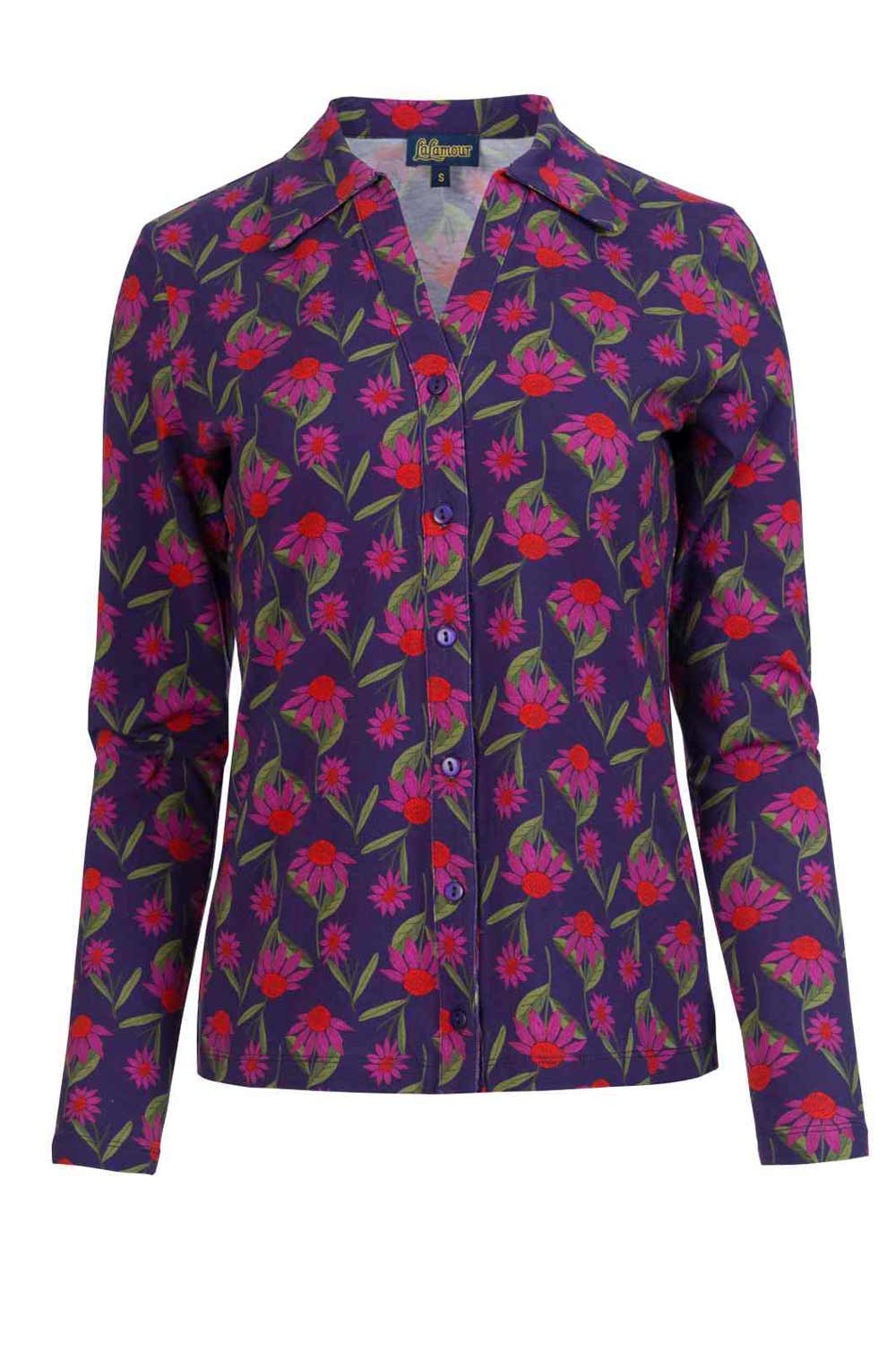 Getailleerde paarse blouse biokatoen bloemen