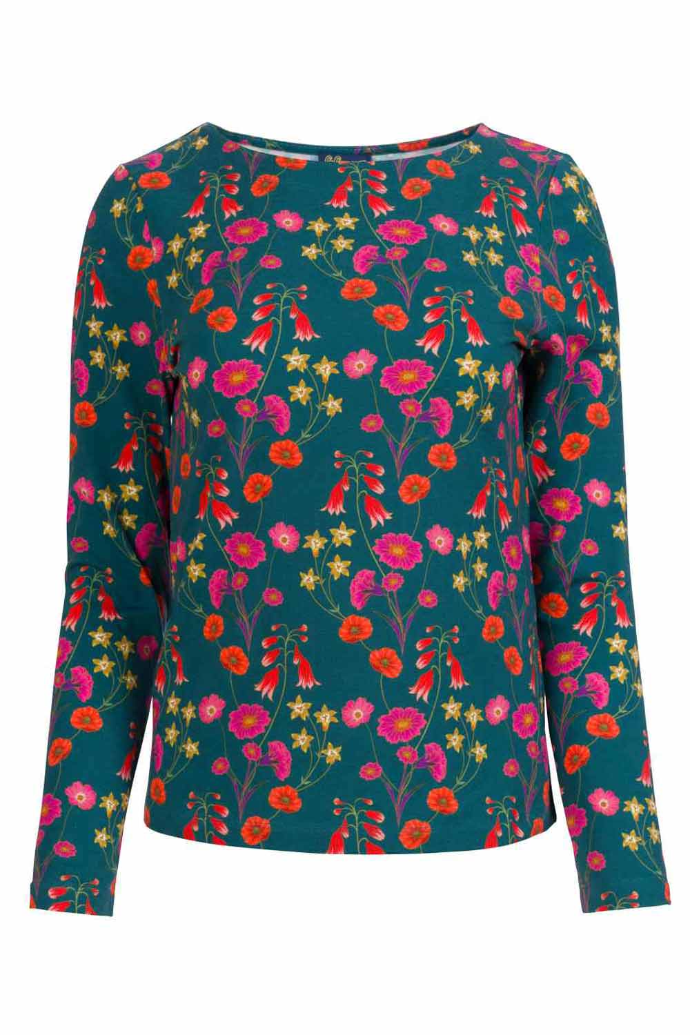 Top biokatoen blauwgroen bloemen