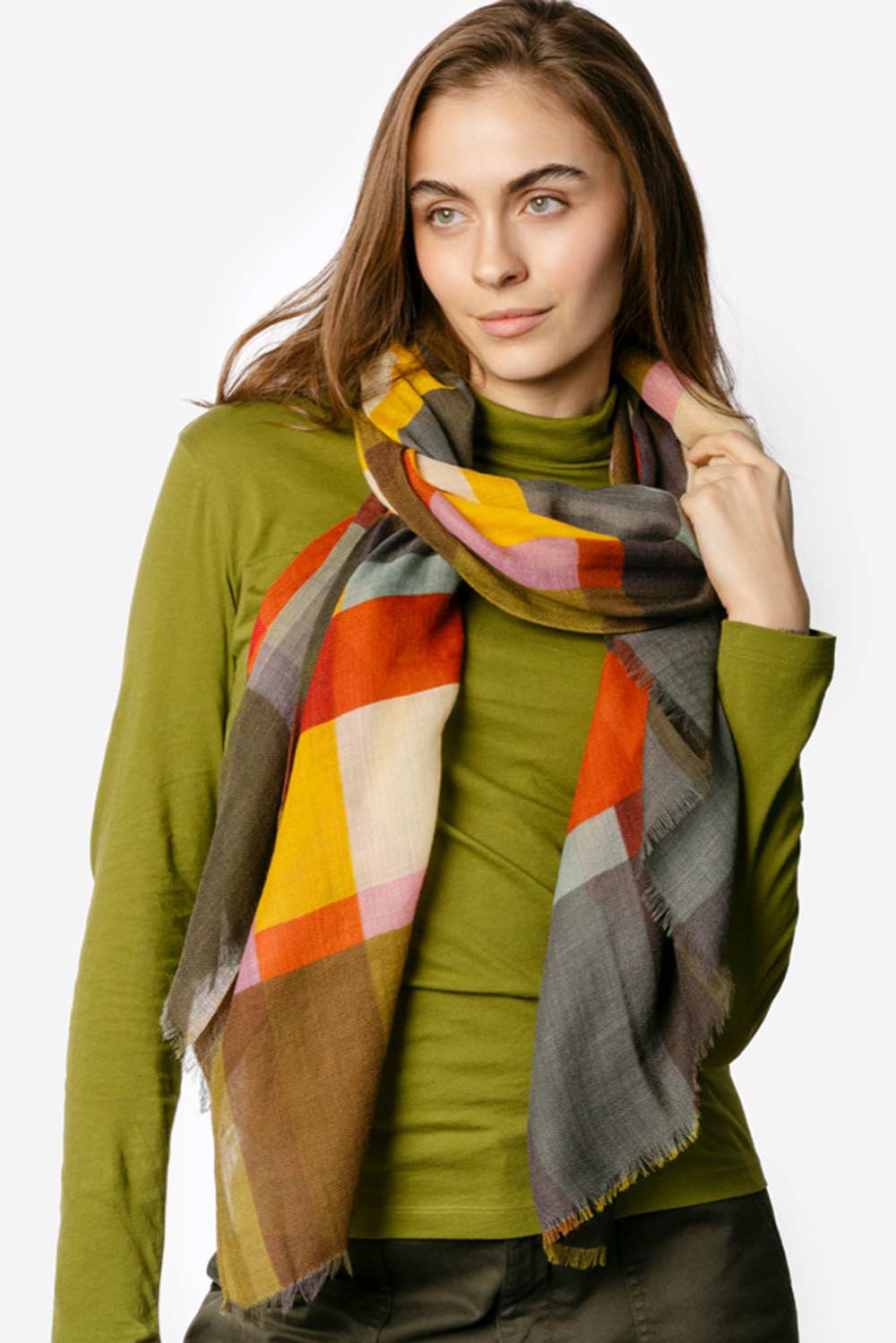 Dunne geruite geweven wollen sjaal multicolor - Afbeelding 2