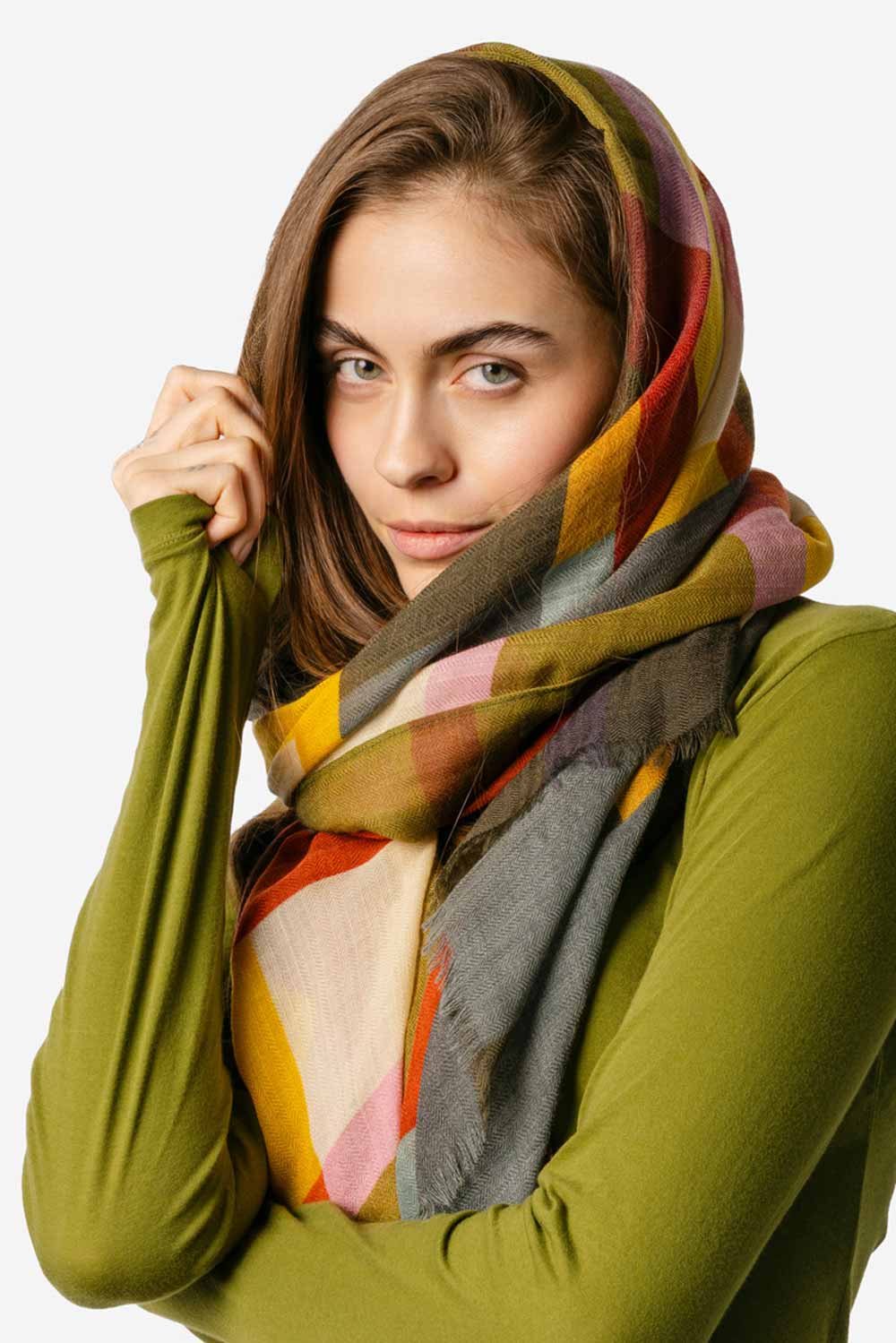 Dunne geruite geweven wollen sjaal multicolor - Afbeelding 3