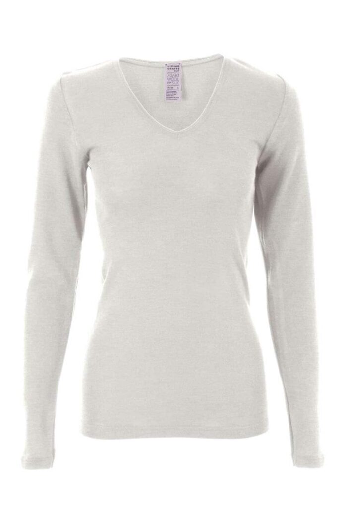 Shirt v-hals met lange mouw wol-zijde natuur