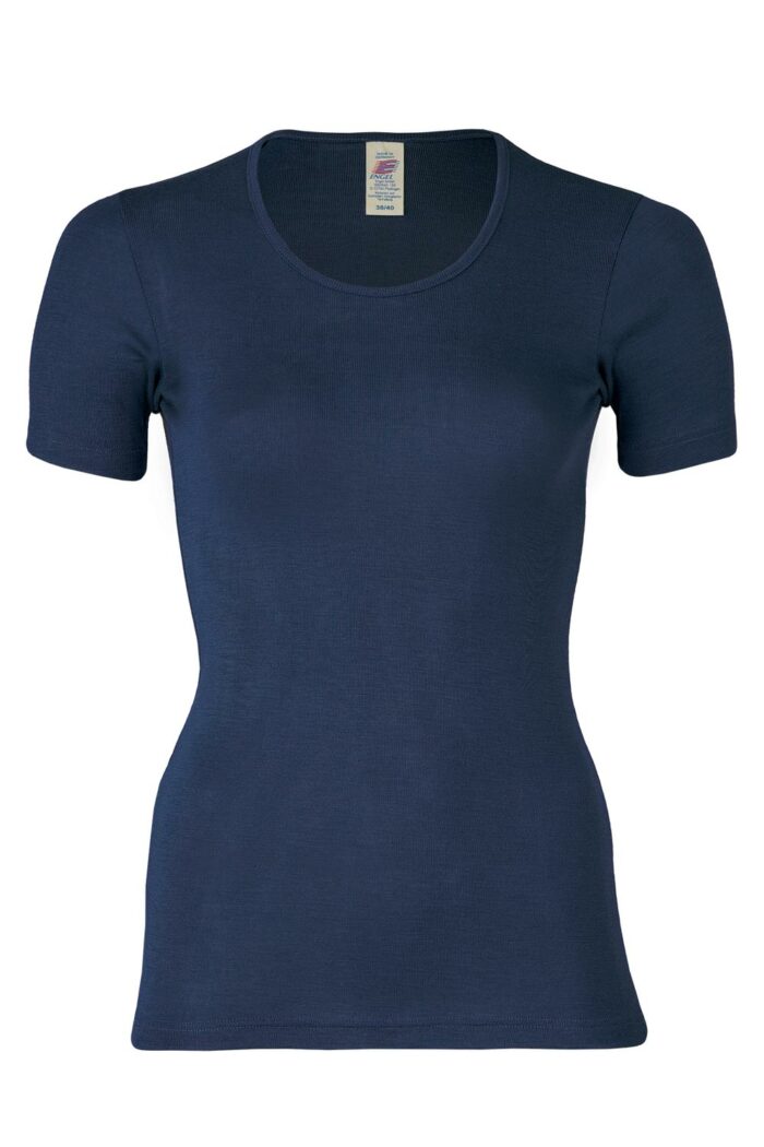 T-shirt wol-zijde korte mouw donkerblauw