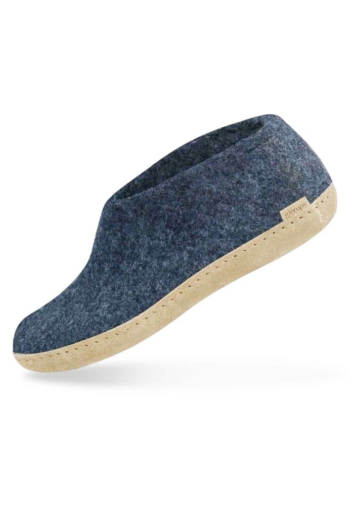 Wolvilten slof schoen - leren zool - denim blauw