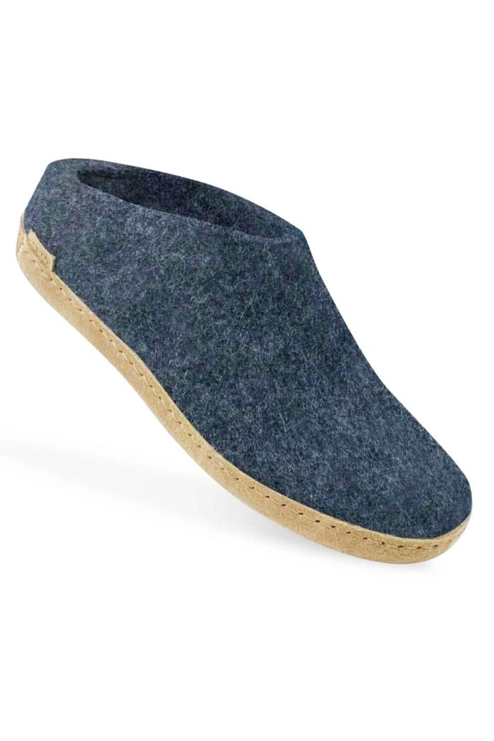 Wollen slof slipper - leren zool - blauw
