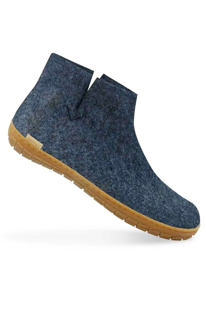 Wollen slof laars - rubber zool - blauw