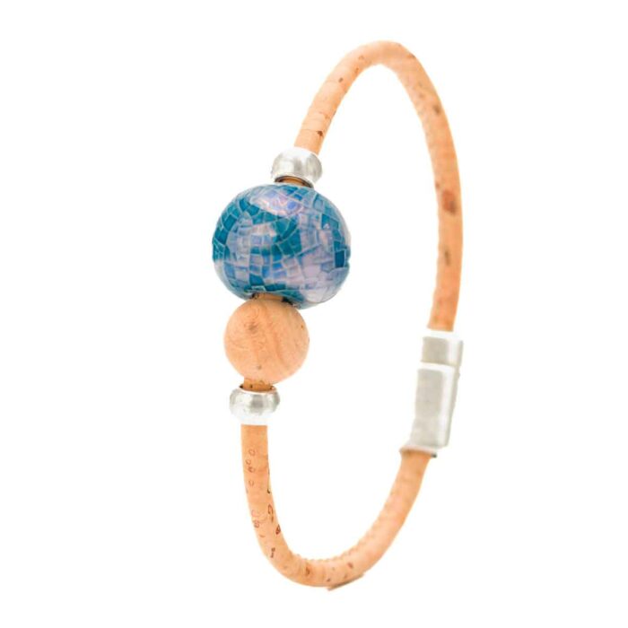 Armband kurk grote blauwe kraal