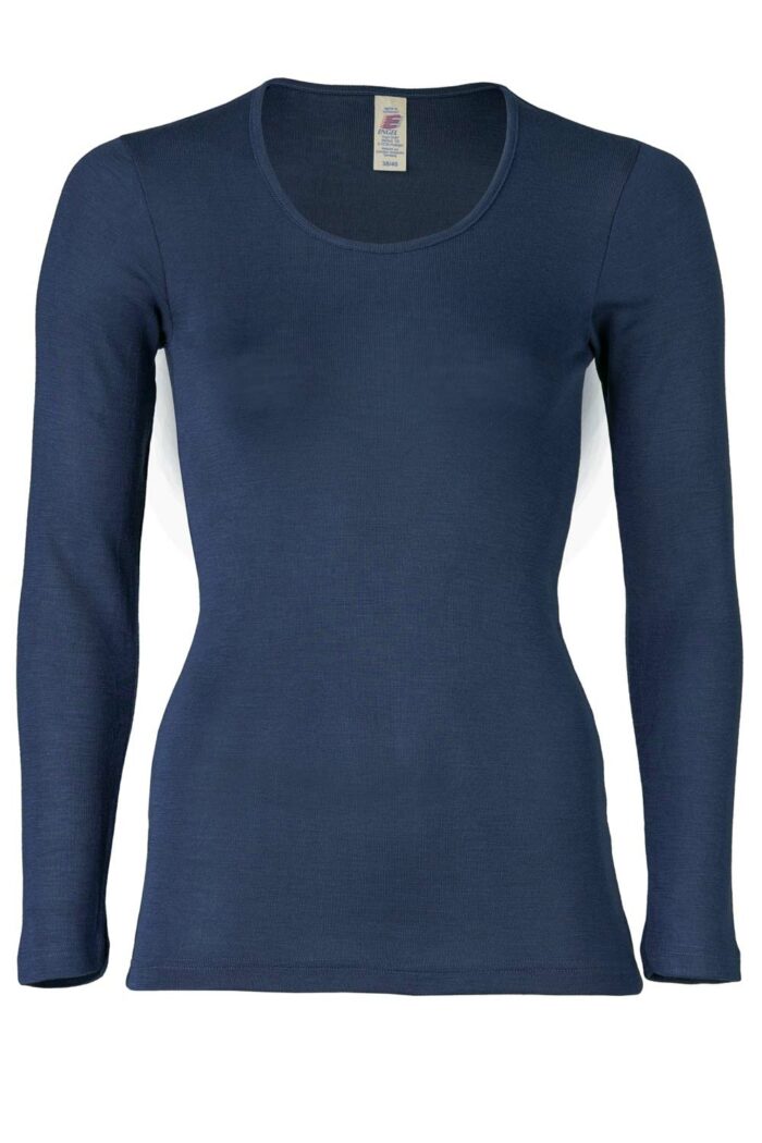 Shirt wol-zijde ronde hals donkerblauw