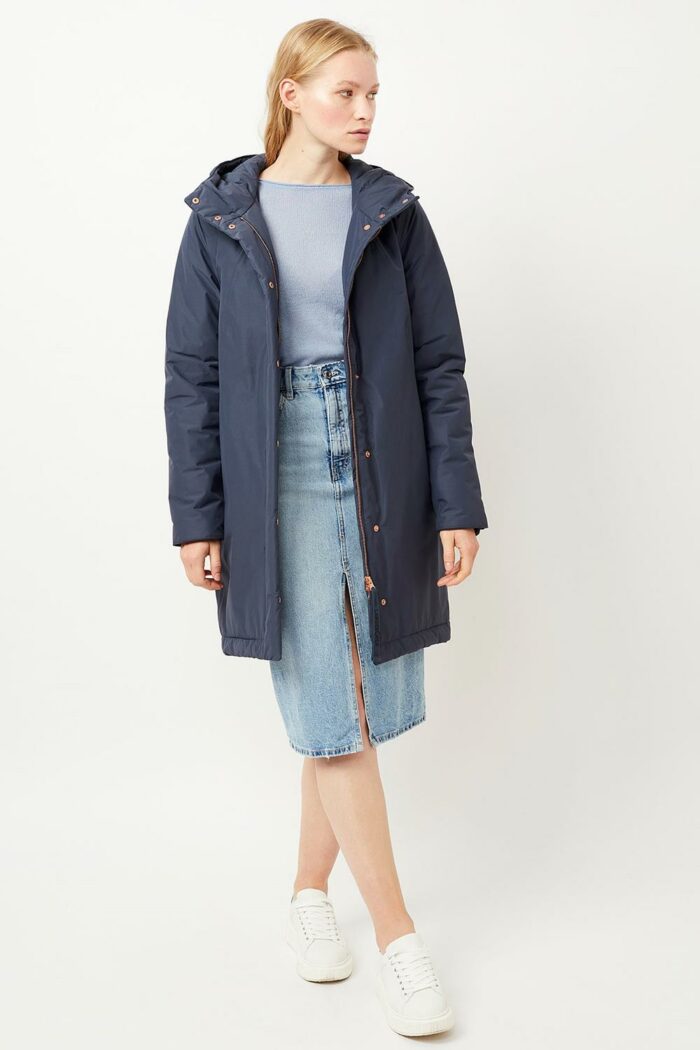 Lange damesparka vegan blauw