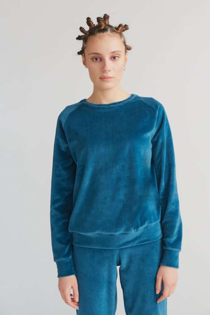 Velours raglansweater Petrolblauw
