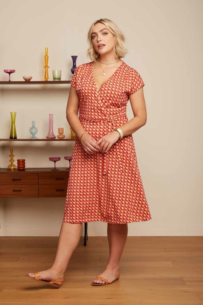 Rode retro print overslagjurk - Afbeelding 2