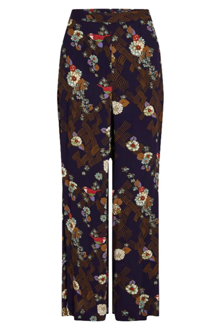 Palazzo broek donkerblauw met bloem en vogel print