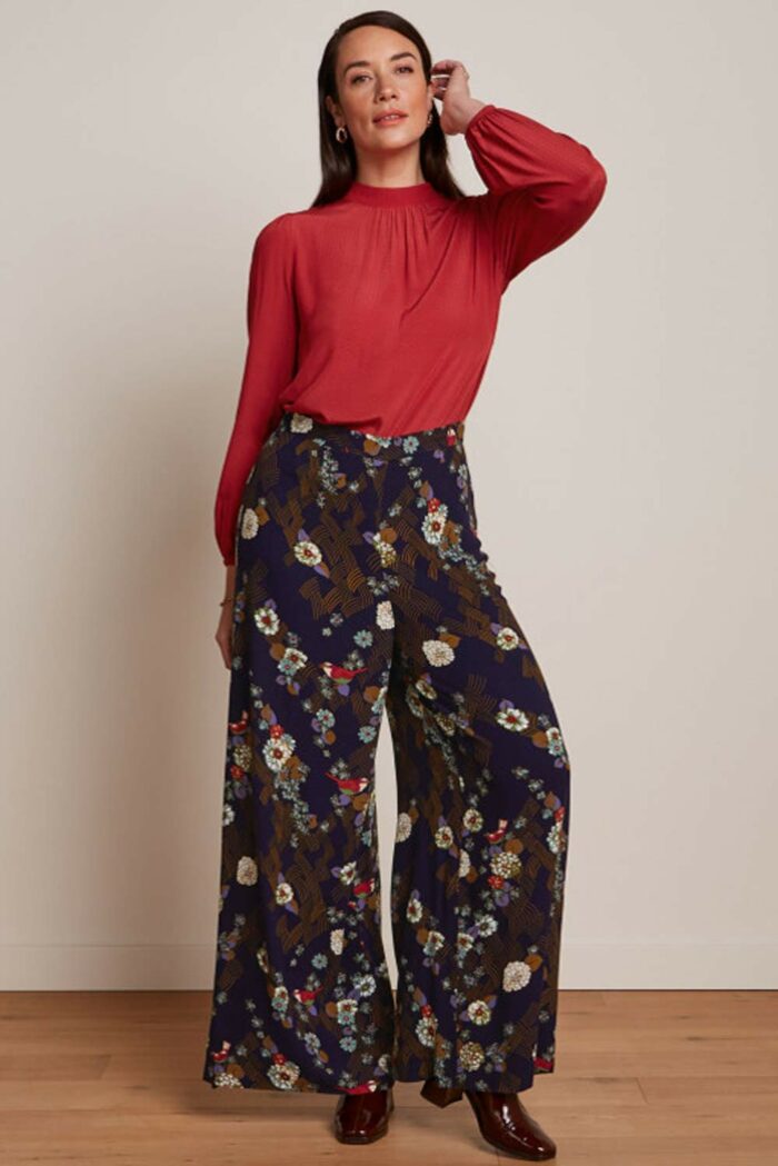 Palazzo broek donkerblauw met bloem en vogel print - Afbeelding 2