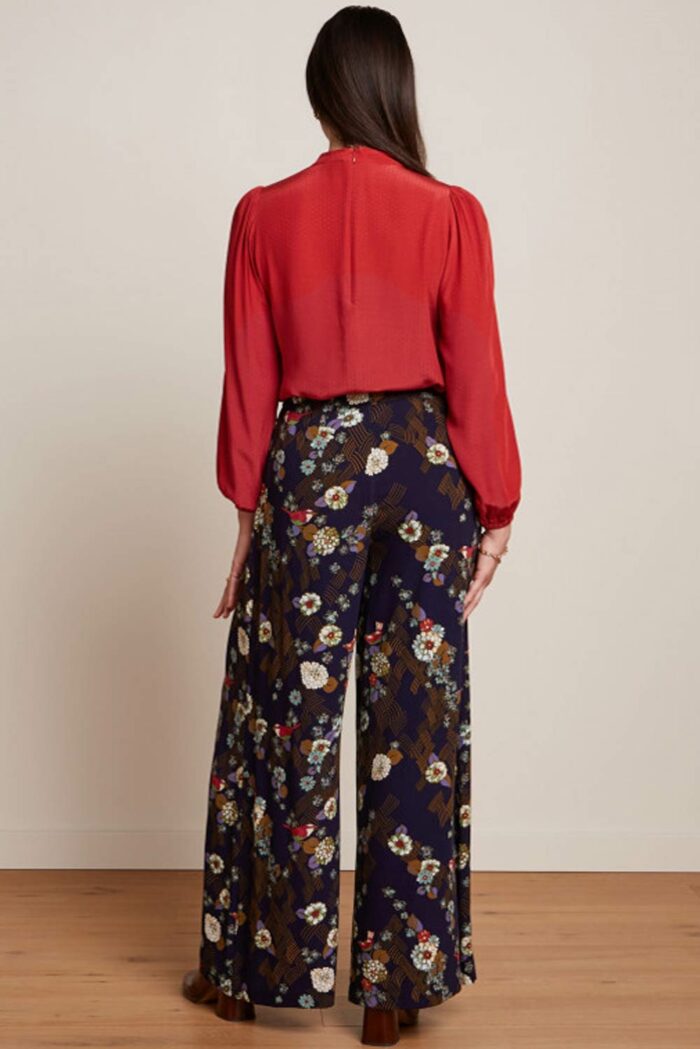 Palazzo broek donkerblauw met bloem en vogel print - Afbeelding 3