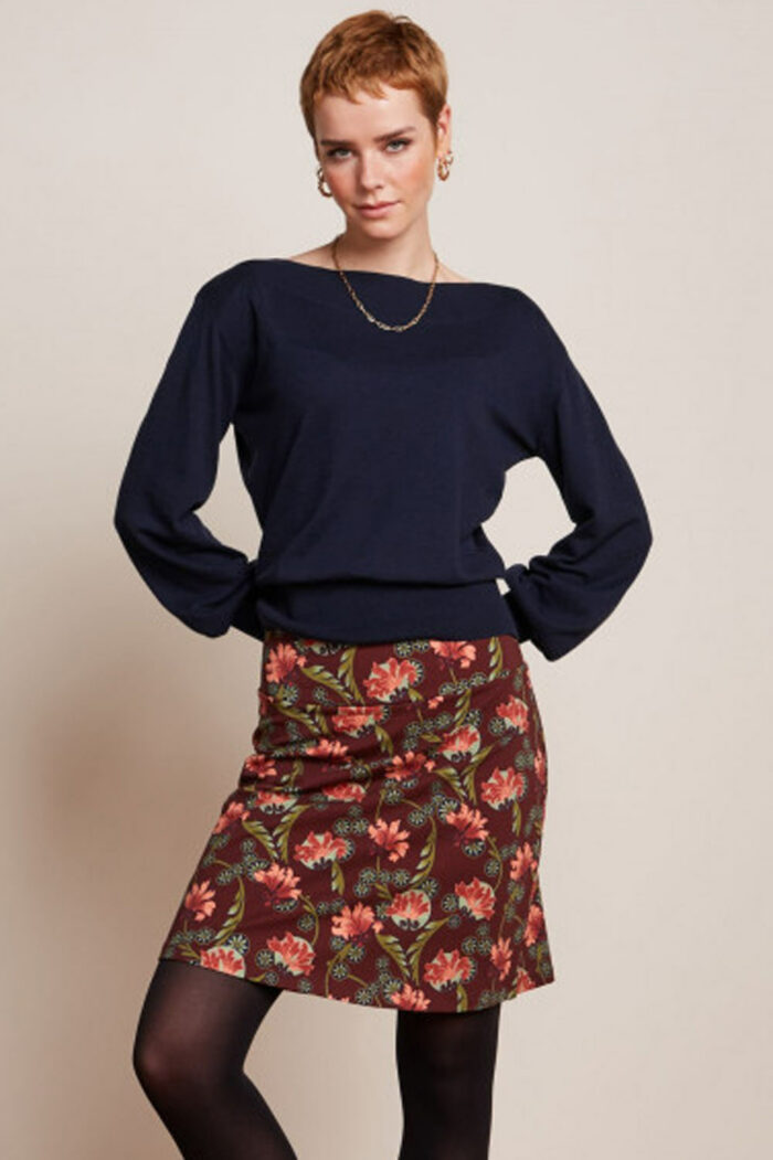 Rok met brede boord bordeaux bloemenprint - Afbeelding 2