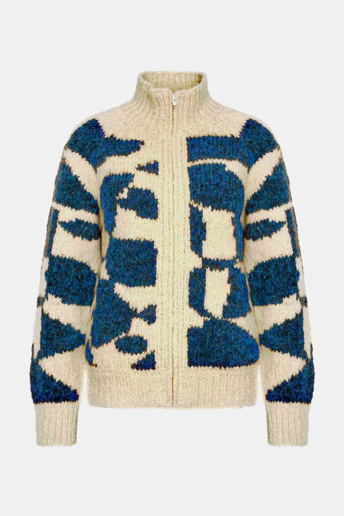 Baby alpaca vest met rits ecru-kobaltblauw