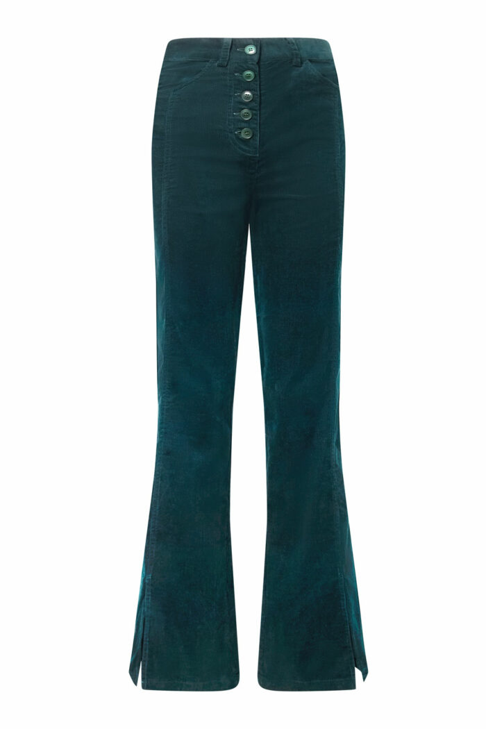 Ribbroek met split donkerblauwgroen
