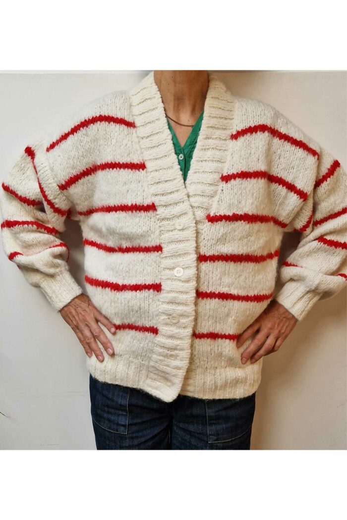 Baby alpaca vest v-hals rood gestreept