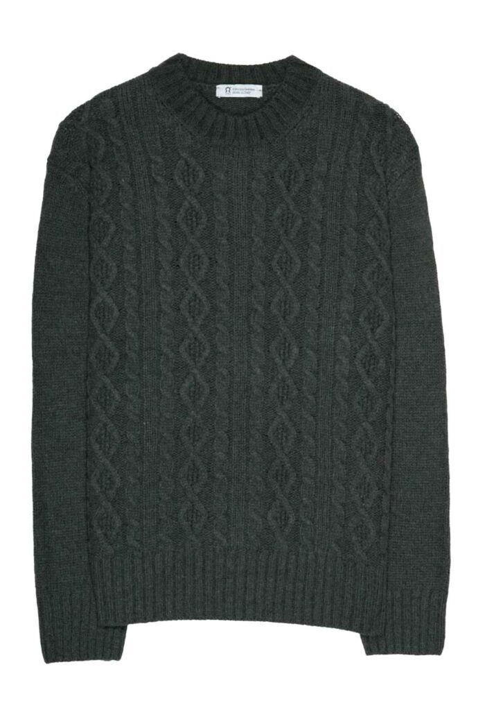 Unisex kabeltrui olijfgroen van 100% recyclede wol - Afbeelding 2