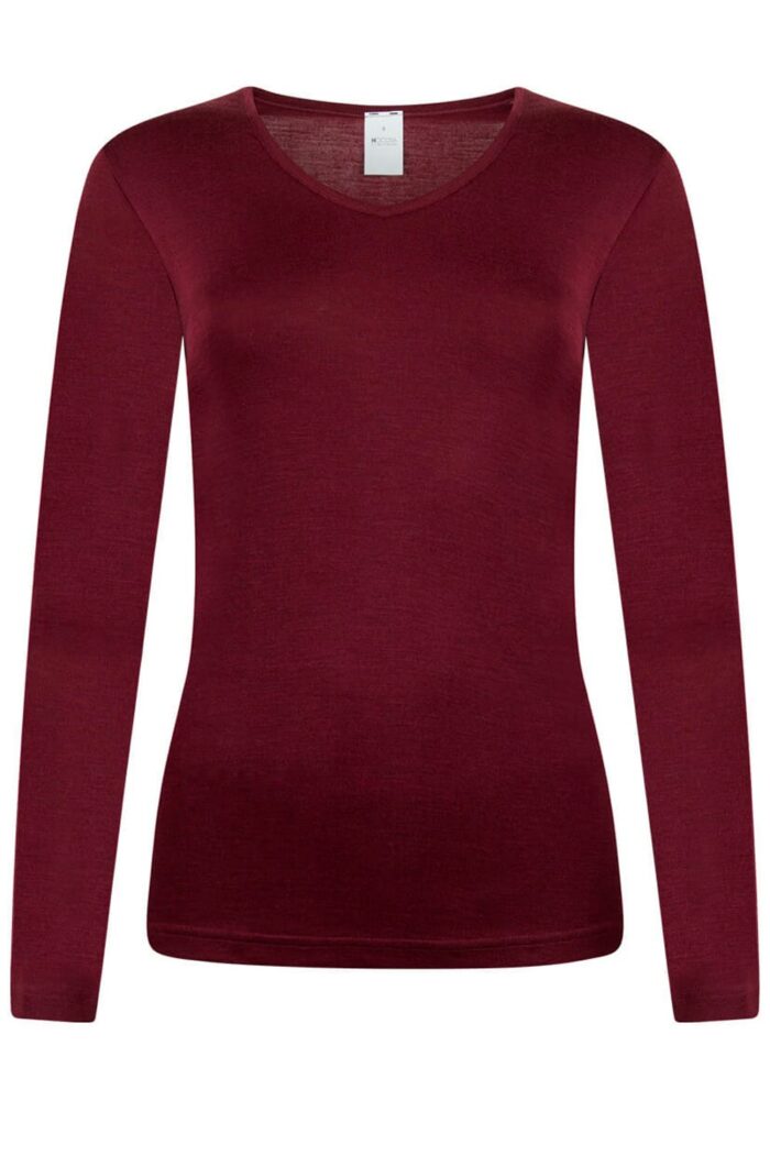 Shirt V-hals wol-zijde bordeaux