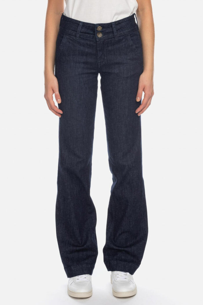 Damesjeans donkerblauw wijdere pijp
