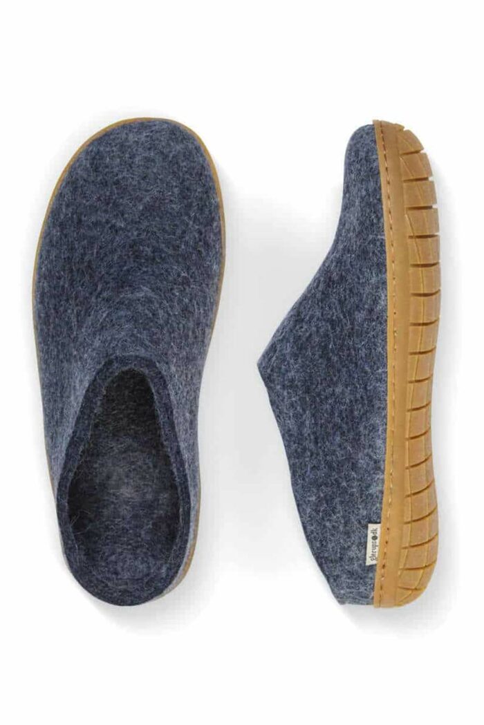 Wollen slof slipper - rubber zool denimblauw