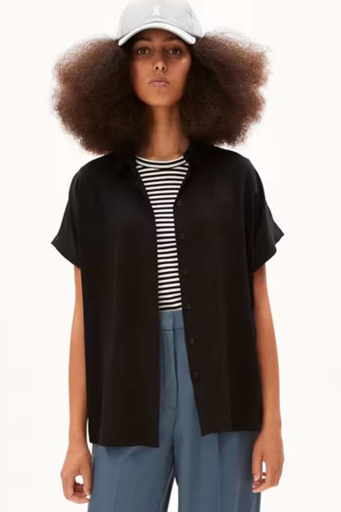 Effen zwarte blouse korte mouw - Afbeelding 2