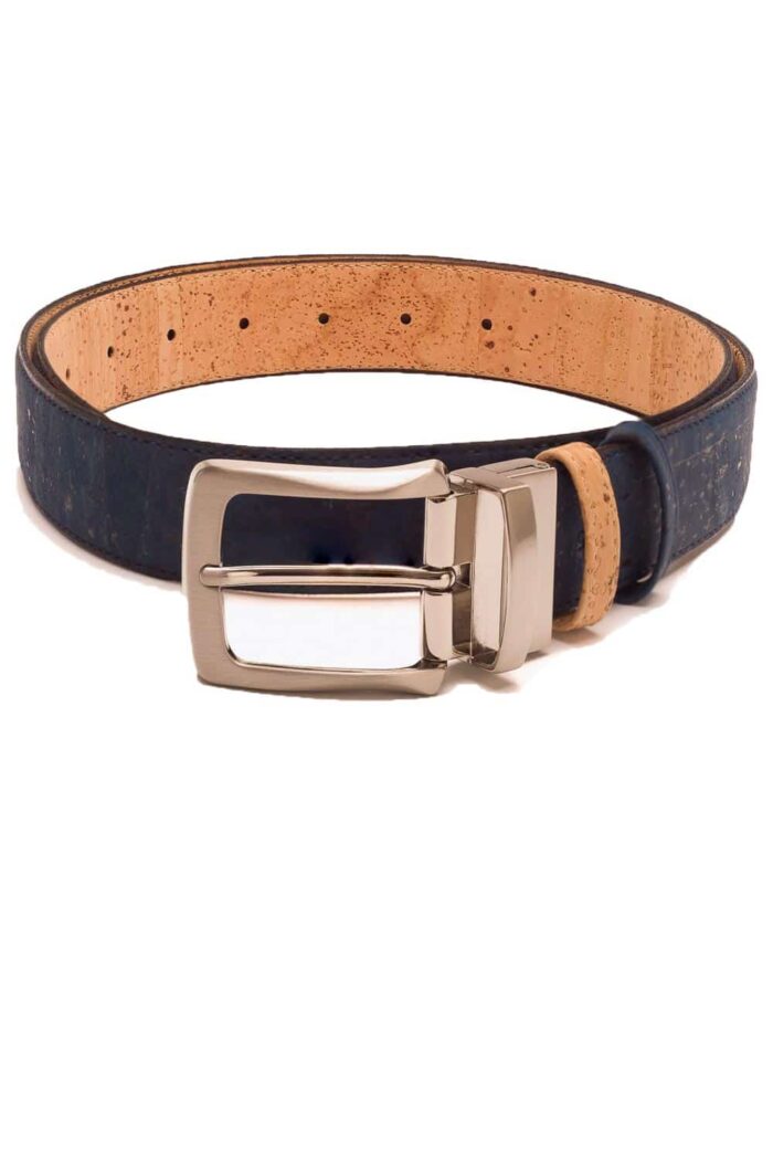 Vegan riem kurk 3,5 cm reverse beige/blauw