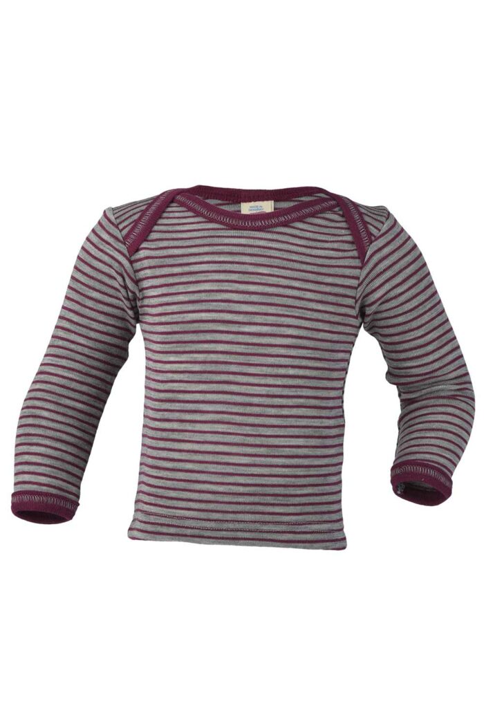 Babyshirt wol-zijde gestreept bordeaux-grijs