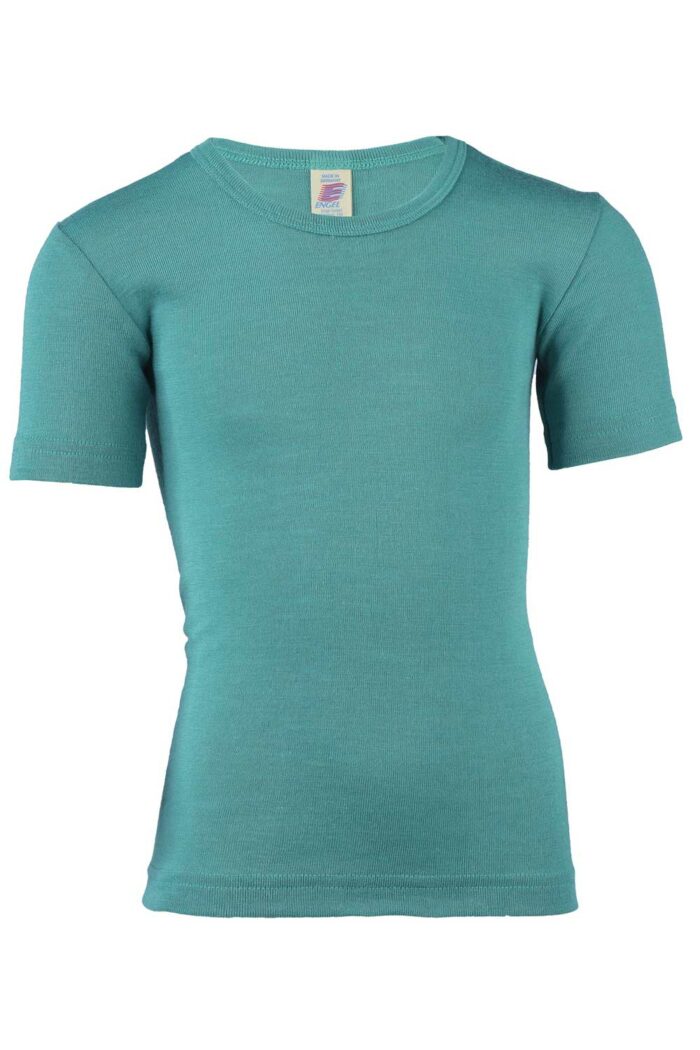 T-shirt wol zijde korte mouw lichtblauwgroen