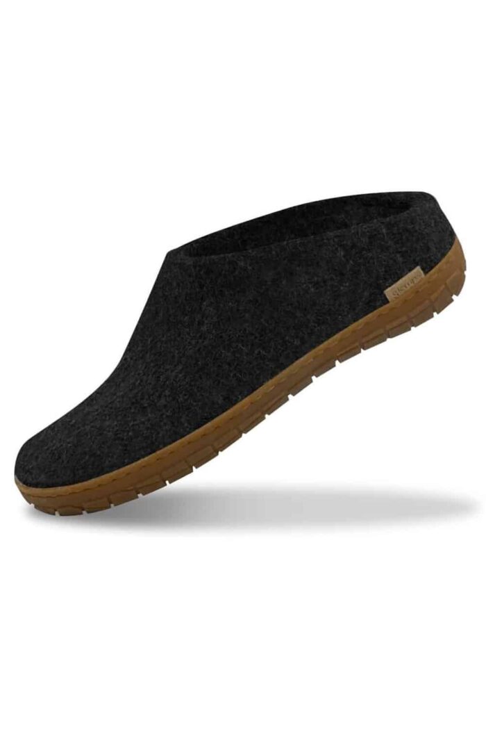 Wollen slof slipper - rubber zool - zwart