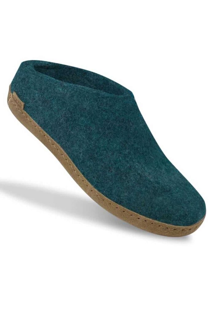 Wollen slof slipper - leren zool - petrolblauw