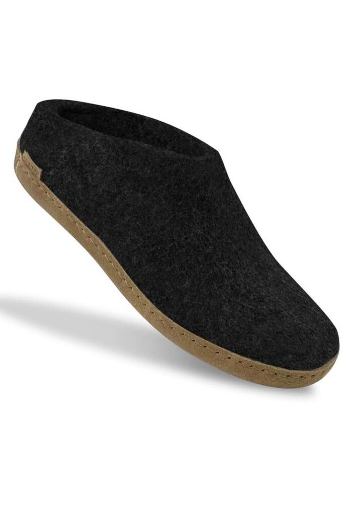 Wollen slof slipper - leren zool - zwart