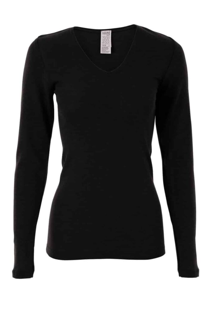 Shirt v-hals met lange mouw wol-zijde zwart