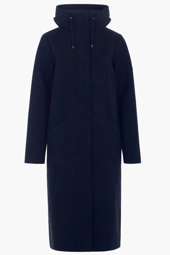 Lange wollen jas met capuchon donkerblauw