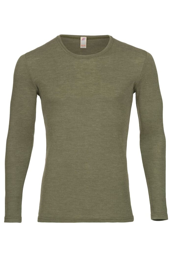 Herenshirt wol-zijde lange mouw olijfgroen