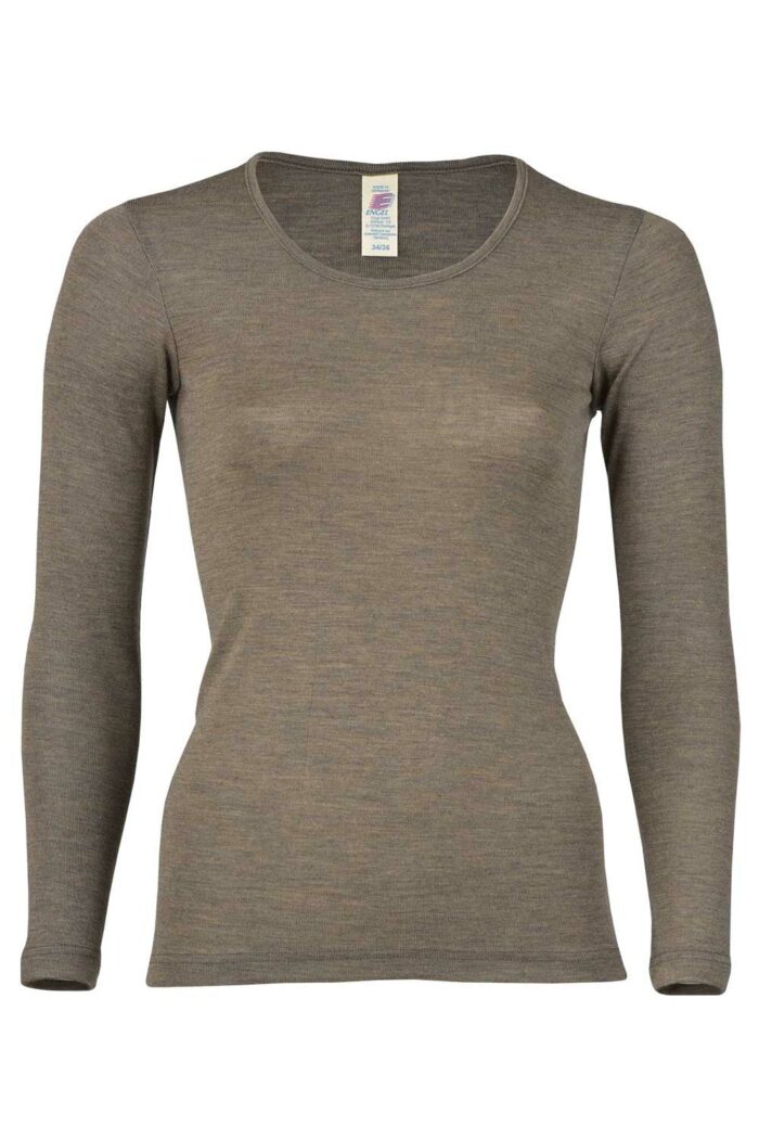 Shirt wol-zijde ronde hals bruin